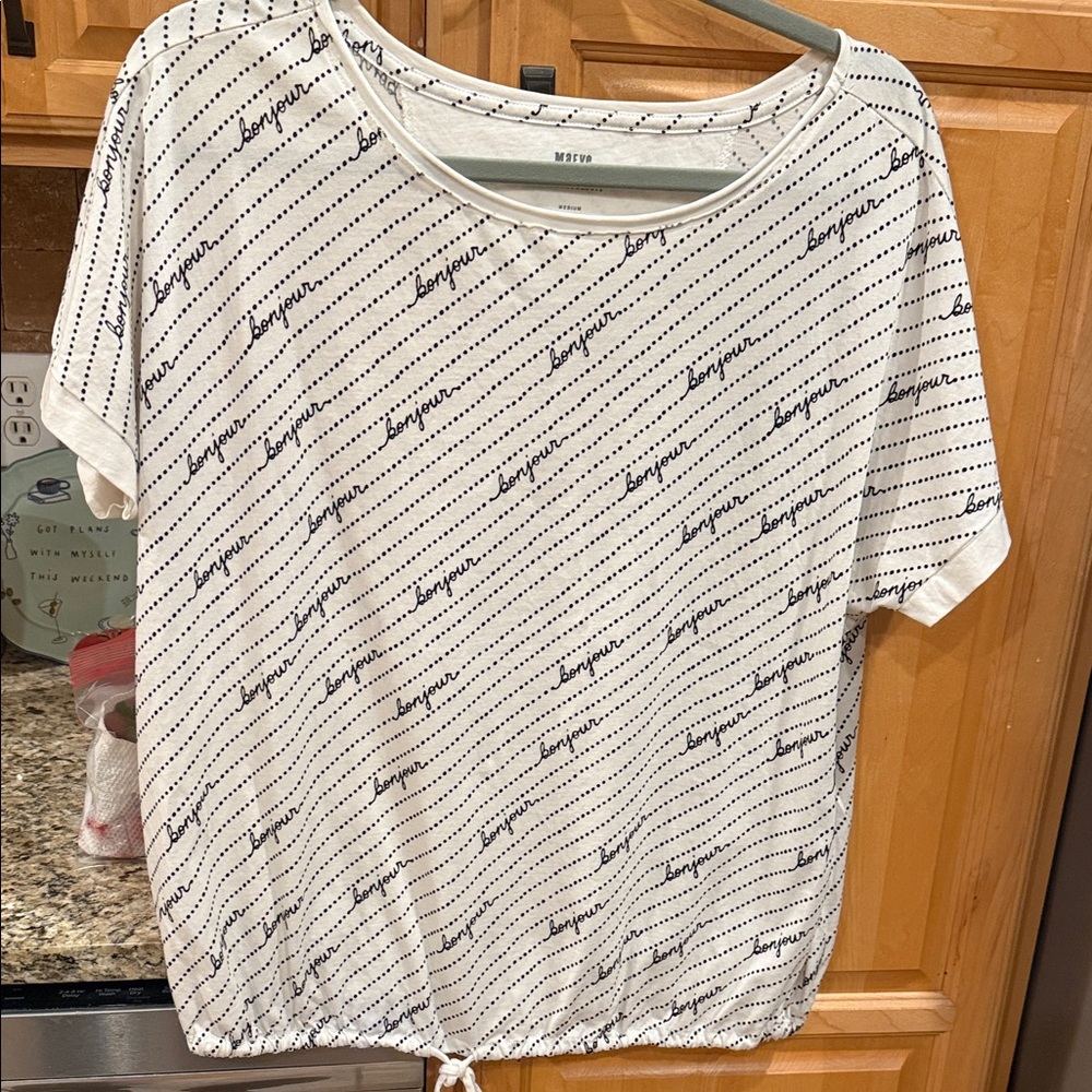 Maeve by Anthropologie medium  White Top with 'bonjour' Script
